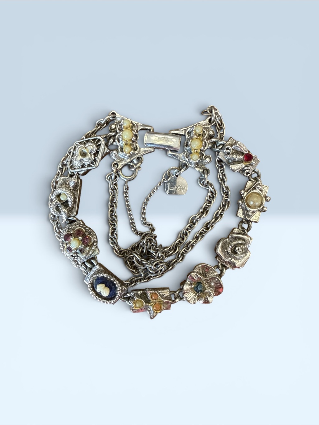Judy Lee Vintage 1950s Silver Tone Victorian Revival Slide Charm Bracelet